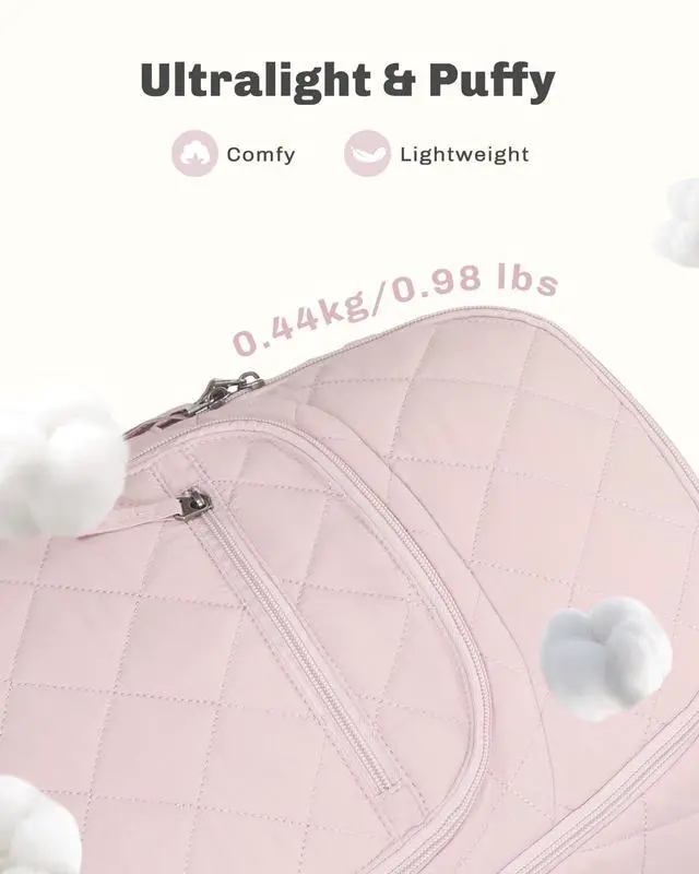 Alt view image 5 of 5 - Hynes Eagle Travel Laptop Backpack Quilted College Backpack for Women Puffer Casual Daypack Personal Item Bag for 16 Inch Light Pink