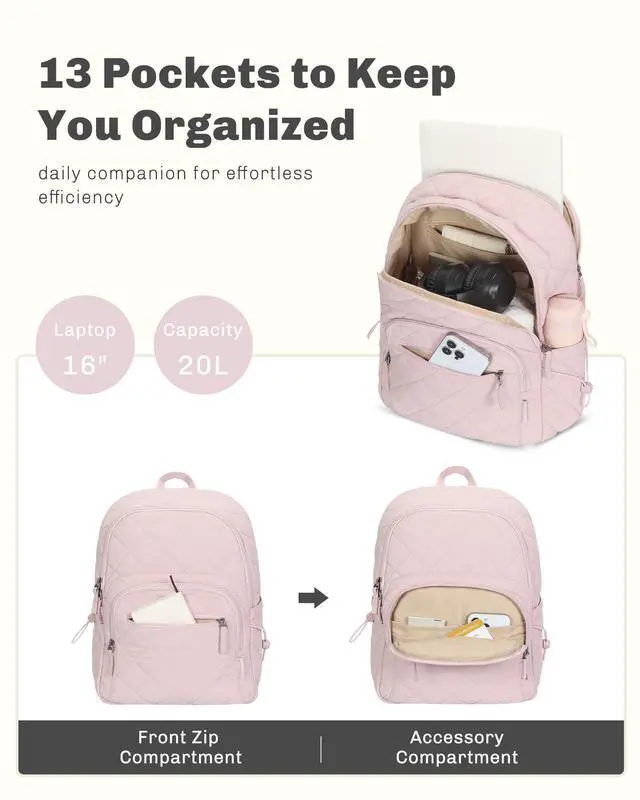 Alt view image 4 of 5 - Hynes Eagle Travel Laptop Backpack Quilted College Backpack for Women Puffer Casual Daypack Personal Item Bag for 16 Inch Light Pink