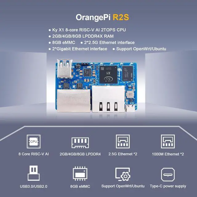 Alt view image 2 of 5 - Orange Pi R2S 2GB/4GB/8GB RISC-V Single Board Computer with 8-Core RISC-V AI CPU, 8GB Onboard eMMC, Dual 2.5G & Dual 1000M Ethernet, Development Board Run OpenWrt/Ubuntu (2GB)