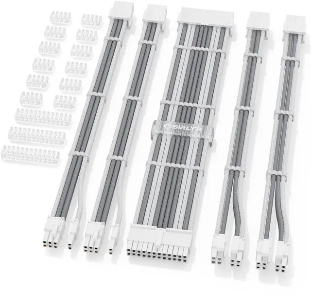 Main image of Sirlyr PSU Cable Extension Set - Soft Nylon Sleeved PC Cables,24Pin ATX 8Pin EPS 8 Pin PCI-E,Gold-Plated Pins for GPU Power Supply with Pre-Install Wire Combs Gray White,5 Kits