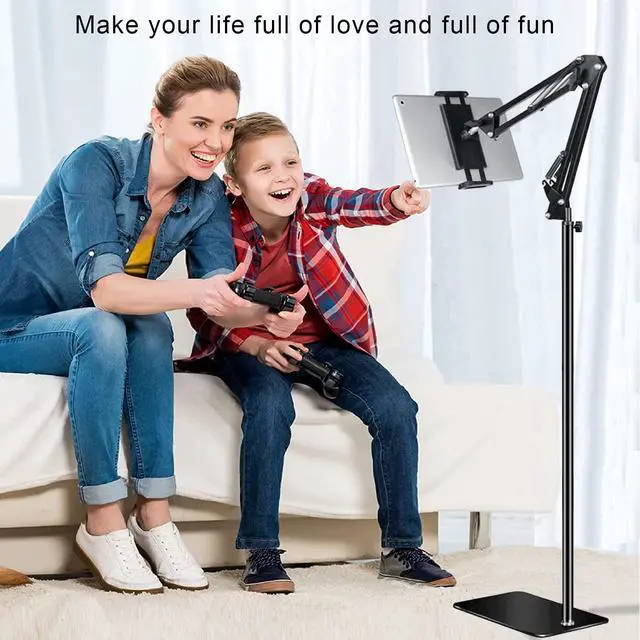 Alt view image 2 of 5 - Tablet Floor Stand with Heavy Duty Base, Overhead Bed phone Stand Angle Height Adjustable Arm Stretchable Stand Holder, Compatible with iPad Mini Air Pro, Galaxy Tab, Kindle, E-Readers,Cell Phones