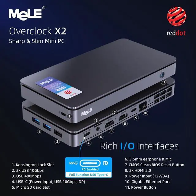 Alt view image 2 of 5 - MeLE Overclock X2 Mini PC Twin Lake N150(up to 3.6GHz) Micro PC 16GB DDR4 512GB Storage Small Desktop Computers with 2 X HDMI 4K@60Hz, USB-C, VESA Mount for Home/Office