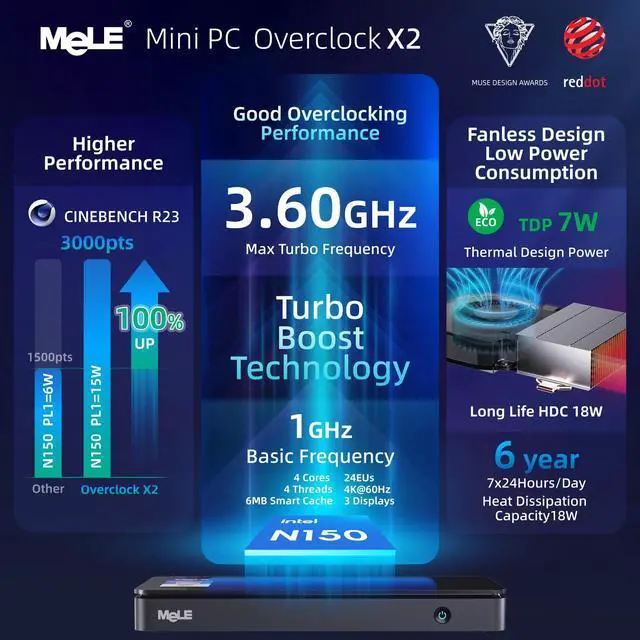 Alt view image 3 of 5 - MeLE Overclock X2 Mini PC Twin Lake N150(up to 3.6GHz) Micro PC 16GB DDR4 512GB Storage Small Desktop Computers with 2 X HDMI 4K@60Hz, USB-C, VESA Mount for Home/Office