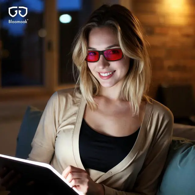 Alt view image 4 of 5 - Bloomoak 99% Fit Over Blue Light Blocking Glasses for Sleeping-Red/Amber Lens AntiGlare Coating for Zoom Meetings (Red - 100% Blue Light (Night/Sleep), M (60 * 41mm))