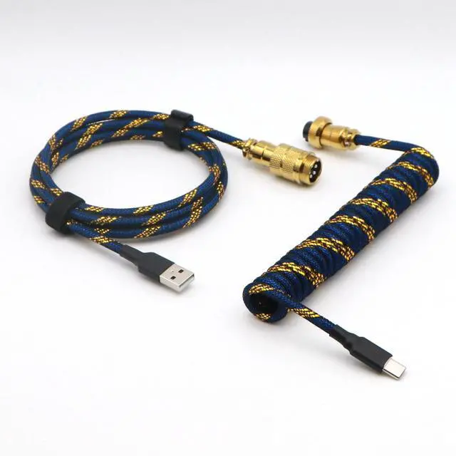 Main image of KCSJXF Reverse Coiled Type-C Cable for Gaming Keyboard, Double-Sleeved Mechanical Keyboard Cable with Gold Metal GX16 Aviator, 1.5M USB-C to USB-A (Gold Blue)