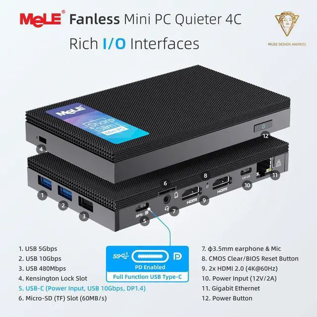 Alt view image 4 of 5 - MeLE Fanless Mini PC with Win-11-Pro, Quieter4C N150 8GB RAM LPDDR5 256GB, Support 4K Triple Display via Dual HDMI & All-in-One USB-C, WiFi 5 BT5.1 Small Micro Desktop Computer on Industrial Business