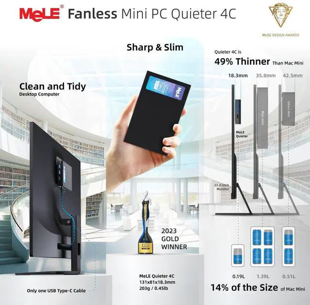 Alt view image 3 of 5 - MeLE Fanless Mini PC with Win-11-Pro, Quieter4C N150 8GB RAM LPDDR5 256GB, Support 4K Triple Display via Dual HDMI & All-in-One USB-C, WiFi 5 BT5.1 Small Micro Desktop Computer on Industrial Business