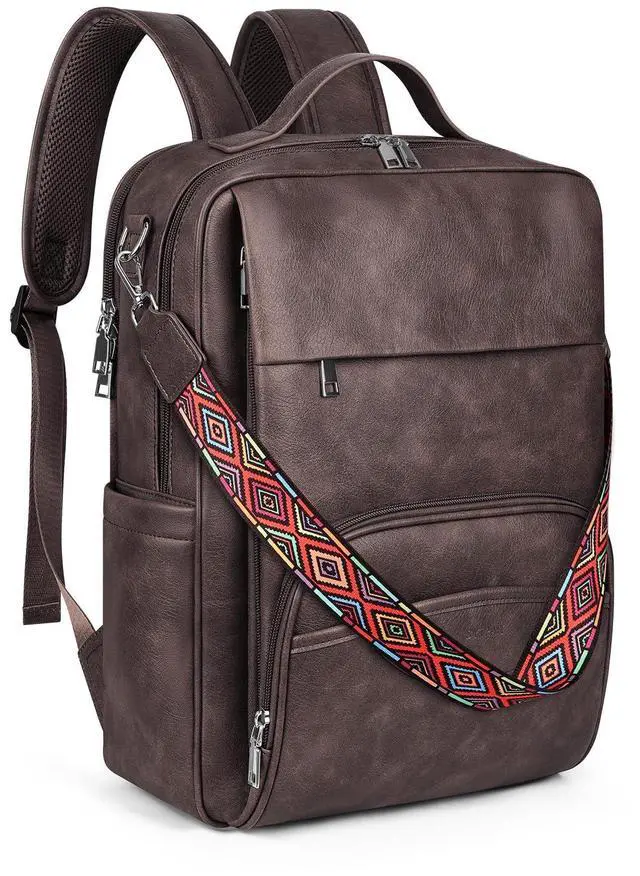 Main image of SYTRAH Leather Laptop Backpack, 15.6 Inch Business Computer Bag, Designer College Backpack Travel Backpack with Colorful Shoulder Bag Strap Dark Coffee