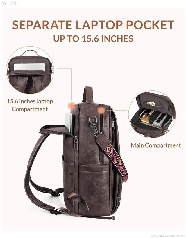 Alt view image 3 of 5 - SYTRAH Leather Laptop Backpack, 15.6 Inch Business Computer Bag, Designer College Backpack Travel Backpack with Colorful Shoulder Bag Strap Dark Coffee