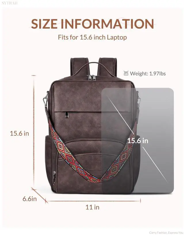 Alt view image 5 of 5 - SYTRAH Leather Laptop Backpack, 15.6 Inch Business Computer Bag, Designer College Backpack Travel Backpack with Colorful Shoulder Bag Strap Dark Coffee