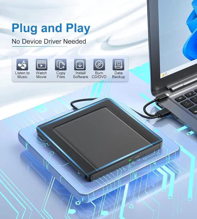 Alt view image 2 of 5 - External CD DVD Drives, External CD DVD +/-RW Drive USB 3.0 Portable DVD Reader Writer ROM Drive,CD Burner External Disk Drive Compatible with Laptop Desktop Mac,Windows 11/10/8/7 (Black-Storage Bag)