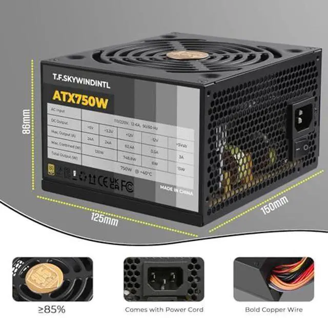 Alt view image 3 of 5 - Power Supply 750W PSU Gold Non Modular Standard ATX Form Factor 24Pin Dual CPU Connectors for Desktop Gaming PC