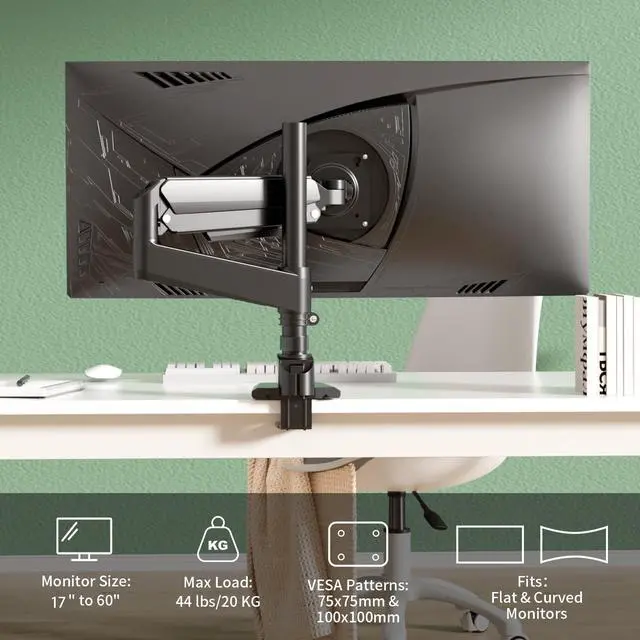 Alt view image 2 of 5 - GUZHIKU Monitor Arm for 17 to 60 inch, Hold 44 lbs, Fully Adjustable Heavy Duty Desk Mount, Monitor Stand Fit 57 55 49", Ultrawide Monitors Bracket Clamp/Grommet Base VESA 75x75/100x100, Black,H9B