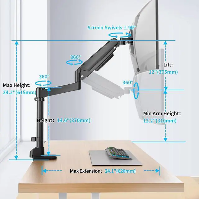 Alt view image 3 of 5 - GUZHIKU Monitor Arm for 17 to 60 inch, Hold 44 lbs, Fully Adjustable Heavy Duty Desk Mount, Monitor Stand Fit 57 55 49", Ultrawide Monitors Bracket Clamp/Grommet Base VESA 75x75/100x100, Black,H9B
