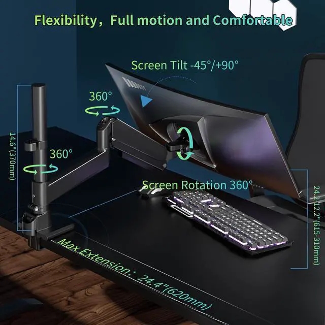 Alt view image 4 of 5 - GUZHIKU Monitor Arm for 17 to 60 inch, Hold 44 lbs, Fully Adjustable Heavy Duty Desk Mount, Monitor Stand Fit 57 55 49", Ultrawide Monitors Bracket Clamp/Grommet Base VESA 75x75/100x100, Black,H9B