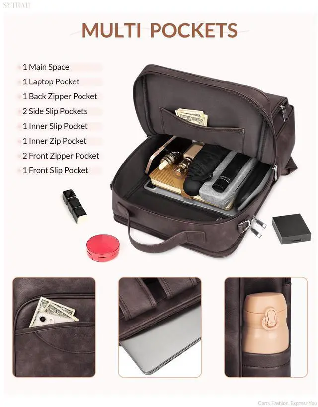 Alt view image 4 of 5 - SYTRAH Leather Laptop Backpack, 15.6 Inch Business Computer Bag, Designer College Backpack Travel Backpack with Colorful Shoulder Bag Strap Dark Coffee