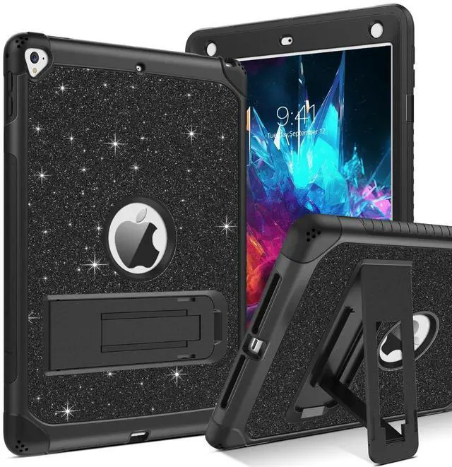 Main image of YINLAI Case for iPad 6th Generation, iPad 5th Generation Case,iPad 9.7 Case,Glitter Women Hybrid Shockproof Drop Protection Cover with Kickstand iPad 9.7 inch iPad Air2 A1893/A1954/A1822/A1823,Black