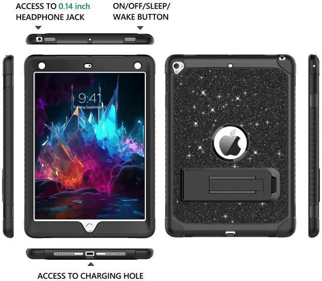 Alt view image 3 of 5 - YINLAI Case for iPad 6th Generation, iPad 5th Generation Case,iPad 9.7 Case,Glitter Women Hybrid Shockproof Drop Protection Cover with Kickstand iPad 9.7 inch iPad Air2 A1893/A1954/A1822/A1823,Black