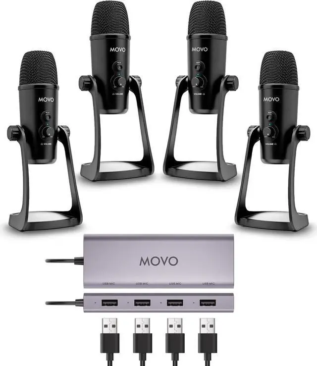 Main image of Movo USB Podcast Equipment Bundle for 4  USB Interface with 4 UM700 Condenser Microphones  4-Port Powered Hub for Streaming, Podcasting, Interviews