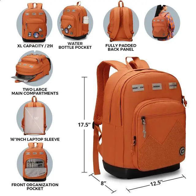 Alt view image 4 of 5 - Swissdigital Design Cool Backpack, Stylish School Laptop Backpack with Fun Personalized Patches Fits 16 Inch Notebook, Travel Bag Pefect for Boys & Girls, Burnt Orange| BERIKON - Includes 3 Patches