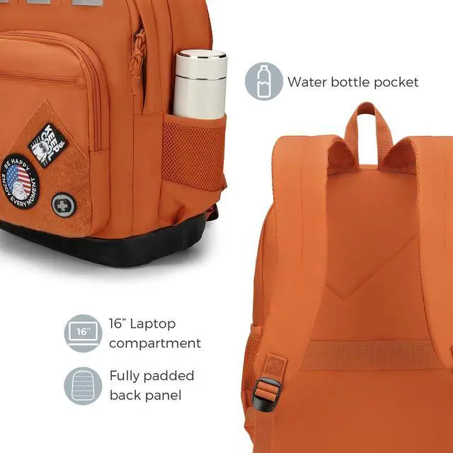 Alt view image 5 of 5 - Swissdigital Design Cool Backpack, Stylish School Laptop Backpack with Fun Personalized Patches Fits 16 Inch Notebook, Travel Bag Pefect for Boys & Girls, Burnt Orange| BERIKON - Includes 3 Patches