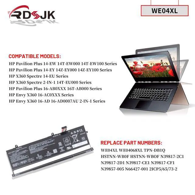 Alt view image 3 of 5 - WE04XL Laptop Battery for HP X360 Spectre 14-EU 2-IN-1 14T-EU000 Envy X360 16-AC 16-AD 2-in-1 Series, for HP Pavilion Plus 14-EW 14-EY 16-AB 16T-AB 16-AC 16-AD N66427-001 N39857-005 N39817-CF1 68Wh