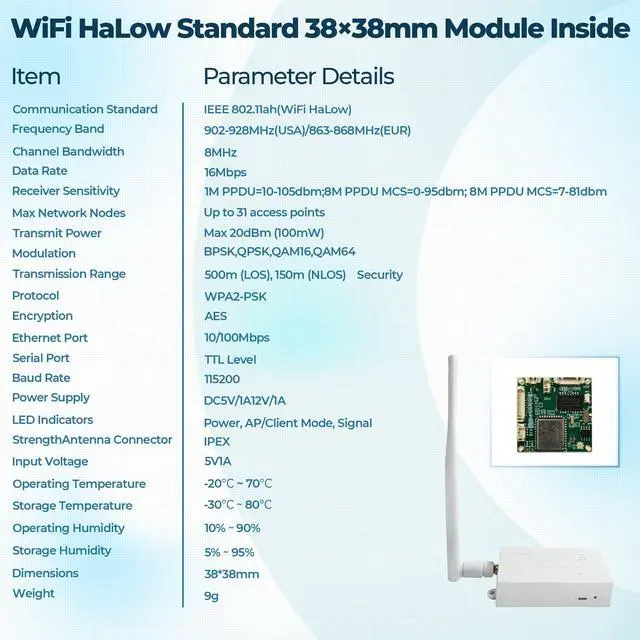 Alt view image 3 of 5 - WiFi HaLow IoT Module, WiFi Halo Bridge with 802.11ah, Long-Range Point-to-Point Transmission, Supports Ethernet & Serial Communication, Ideal for Drones, Robotics, Industrial Control & IoT Smart Home