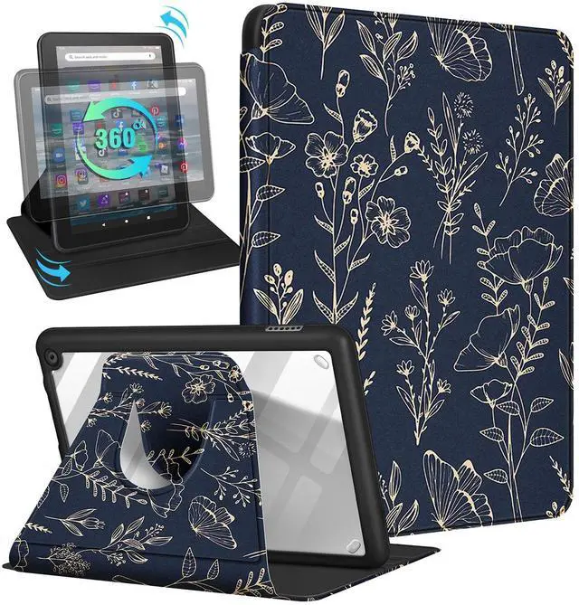 Main image of Kidcube for Amazon Kindle Fire 7 Tablet Case 12th Generation 2022 Release for Women Girls Folio Cover Cute Girly Floral Flowers Design Rotating Stand with Auto Wake/Sleep for Kindle Fire 7 Cases 7"