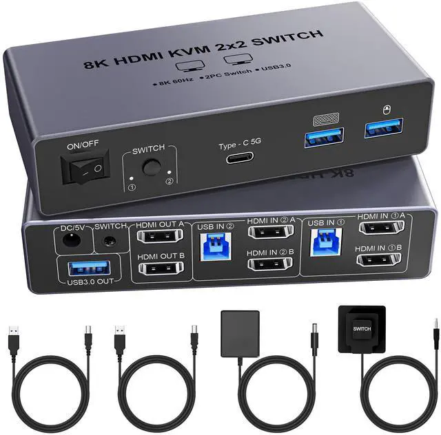 Main image of 8K@60Hz HDMI KVM Switch 2 Monitors 2 Computers, with 4 USB 3.0 Ports (3 USB-A+1 USB-C) for 2 Computers Sharing 2 Monitors Keyboard Mouse Printer with 2 USB Cables, Power Adapter and Controller