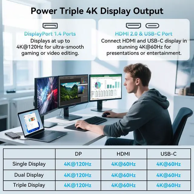 Alt view image 3 of 5 - JCYMELE USB C Laptop Docking Station 3 Monitors with DisplayPort 4K@120Hz HDMI 4K@60Hz USBC 4K@60Hz, 12 in 1 Thunderbolt Hub with USB A 3.0, USB C 3.2