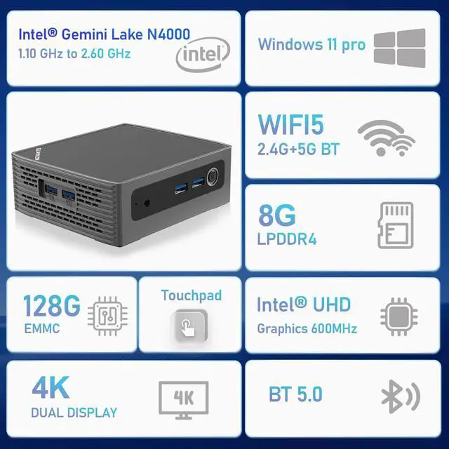 Alt view image 3 of 5 - kidwants KN1 Mini PC(with Touch Function) N4000 8GB LPDDR4 RAM, 128GB eMMC, Mini Desktop Computer BT5.0/WiFi 5/USB3.0/4k Dual Display for Office, Business (KN1-8+128GB)