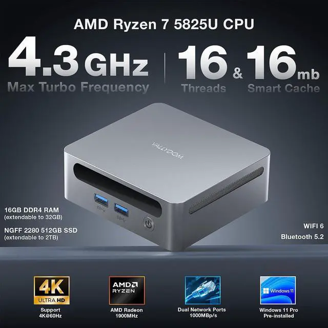 Alt view image 2 of 5 - VALLYDOM NanoPRO Gaming Mini PC, Ryzen 7 5825U 16GB DDR4 (Max 32GB) 512GB SSD, Dual HDMI + Type C Triple 4K Display, WiFi 6, BT 5.2, 1GbE LAN, 4.3GHz 16-Core 16 MB Cache Mini Computer