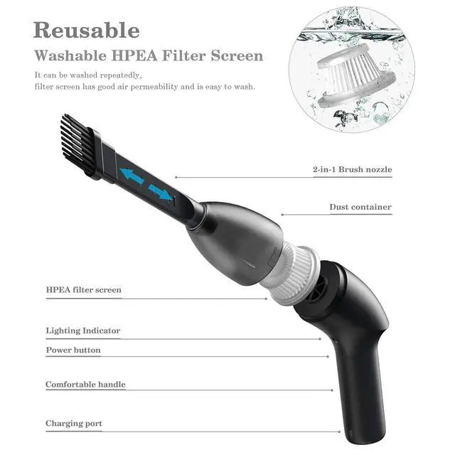 Alt view image 5 of 5 - EASYOB Keyboard Cleaner|Mini Vacuum for Desk, Handheld Cordless Computer Vacuum Rechargeable (with LED Light) for Cleaning Hairs, Crumbs for Desktop, Piano, Car Interior & Sewing Machine Clean [A043]