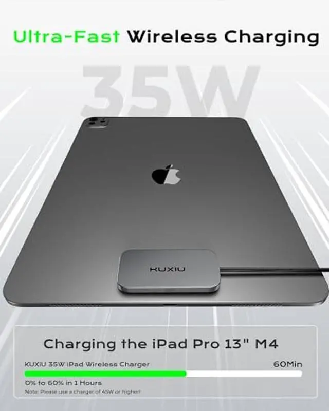 Alt view image 4 of 5 - KU XIU Magnetic Wireless Charger for iPad Pro 13" M4/M5 ONLY, 35W Fast Charging Smart Connector Charger, Aluminum Alloy Wireless Charging Pad with 5.56ft USB-C Cord Cable (Adapter Not Included)