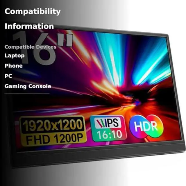 Alt view image 3 of 5 - YPI Portable Monitor 16.0inch FHD 1920 * 1200P USB C HDMI Ultra-Slim IPS Travel Display & Speakers, HDR Plug&Play, External Monitor for Laptop PC, Phone,Mac