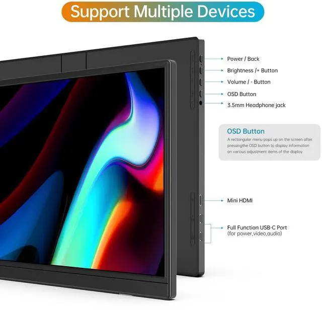 Alt view image 5 of 5 - YPI Portable Monitor 16.0inch FHD 1920 * 1200P USB C HDMI Ultra-Slim IPS Travel Display & Speakers, HDR Plug&Play, External Monitor for Laptop PC, Phone,Mac