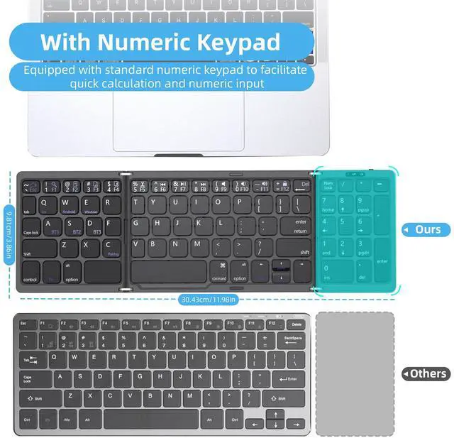 Alt view image 3 of 5 - Foldable Keyboard with Number Pad, Full Size Folding Portable Bluetooth Keyboard with Numpad for Travel and Business, Sync up to 3 Devices, Use for iPad iPhone Android Smartphone Mac Tablet PC Laptop