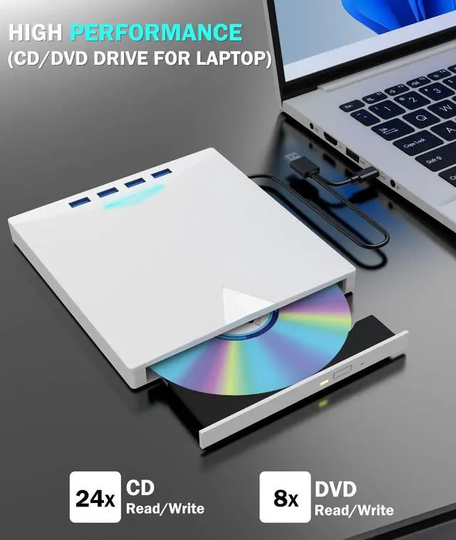Alt view image 2 of 5 - External CD/DVD Drive for Laptop PC,8 IN 1 LED Portable DVD Drive CD Burner CD-ROM DVD-/+RW Writer Reader with TF/SD Card Slots,USB 3.0 DVD Drive External,Compatible with Mac,Windows 11/10/8/7,Linux