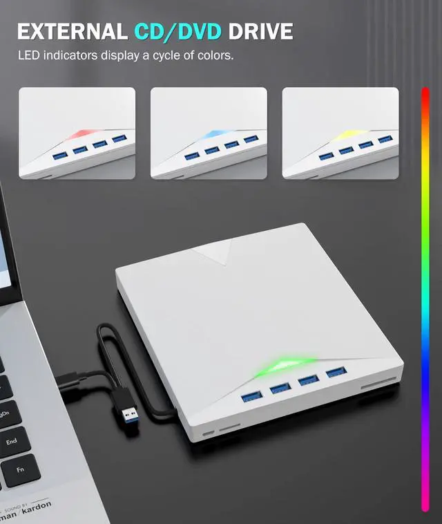 Alt view image 4 of 5 - External CD/DVD Drive for Laptop PC,8 IN 1 LED Portable DVD Drive CD Burner CD-ROM DVD-/+RW Writer Reader with TF/SD Card Slots,USB 3.0 DVD Drive External,Compatible with Mac,Windows 11/10/8/7,Linux