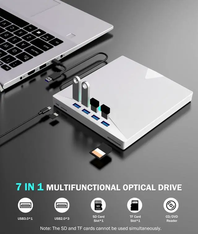 Alt view image 3 of 5 - External CD/DVD Drive for Laptop PC,8 IN 1 LED Portable DVD Drive CD Burner CD-ROM DVD-/+RW Writer Reader with TF/SD Card Slots,USB 3.0 DVD Drive External,Compatible with Mac,Windows 11/10/8/7,Linux