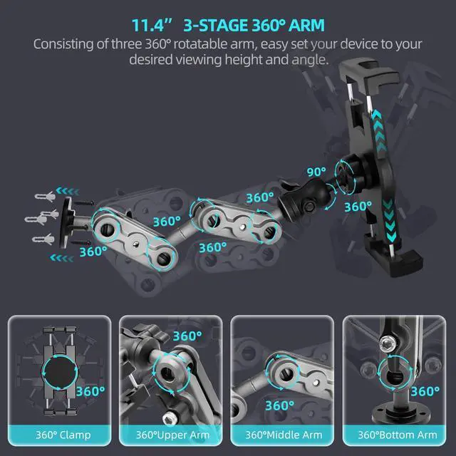 Alt view image 2 of 5 - Porfortop Aluminum Heavy Duty Drill Base Tablet Holder Car Mount Dashboard, 14.2 Long 360°3-Stage Metal Stand Bracket for 4.7-12.9" iPad Pro/Air/Mini/Samsung Galaxy Tab, for Car Auto Truck Wall Desk