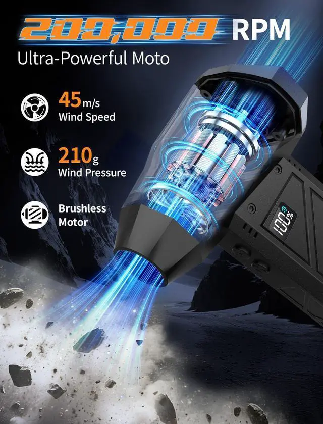 Alt view image 2 of 5 - RUNLANE Compressed Air Duster, 200000RPM Electric Air Duster with Light, 4-Gear Adjustable Cordless Dust Blower for Computer, Keyboard, Outdoor, Home and Car (FB09-Black)