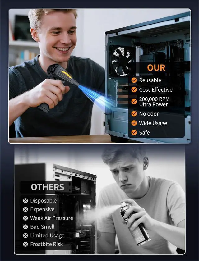 Alt view image 5 of 5 - RUNLANE Compressed Air Duster, 200000RPM Electric Air Duster with Light, 4-Gear Adjustable Cordless Dust Blower for Computer, Keyboard, Outdoor, Home and Car (FB09-Black)