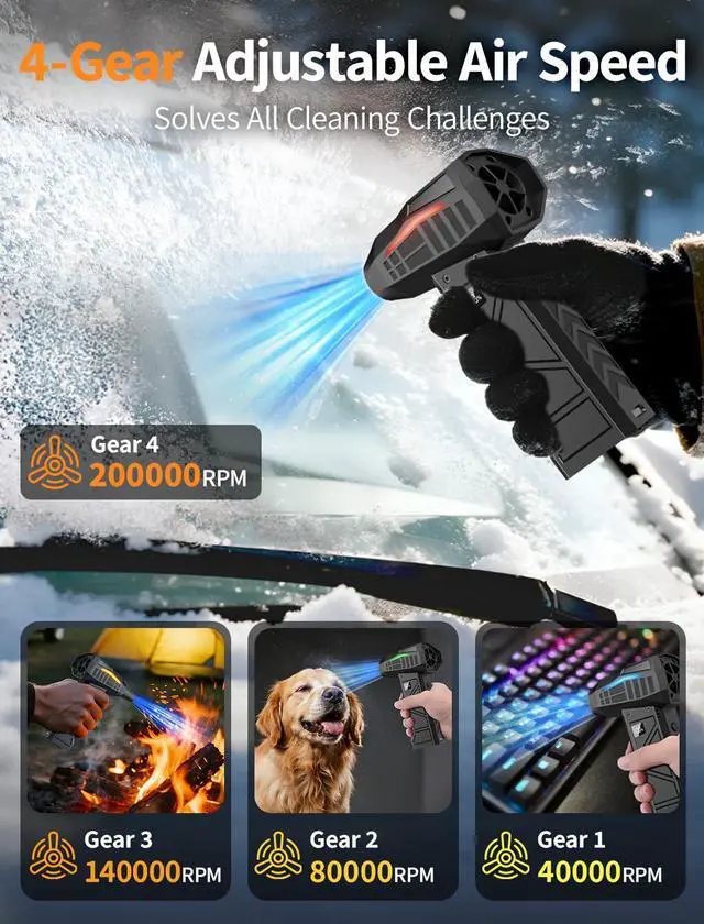 Alt view image 4 of 5 - RUNLANE Compressed Air Duster, 200000RPM Electric Air Duster with Light, 4-Gear Adjustable Cordless Dust Blower for Computer, Keyboard, Outdoor, Home and Car (FB09-Black)