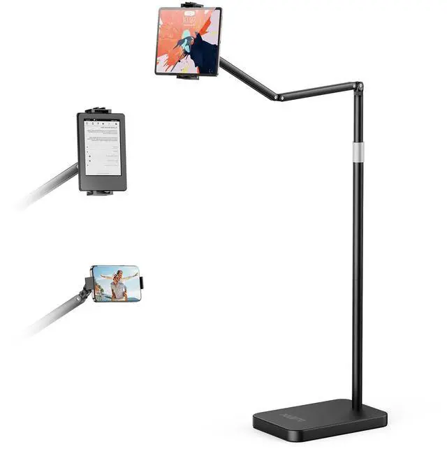 Main image of POLESTO Tablet Floor Stand with 10.6 LB Heavy Metal Base, Adjustable Height Stretchable Arm Overhead Bed Phone Stand, Compatible with iPad mini Air Pro, Kindle, Switch, Galaxy Tab, Cell Phones