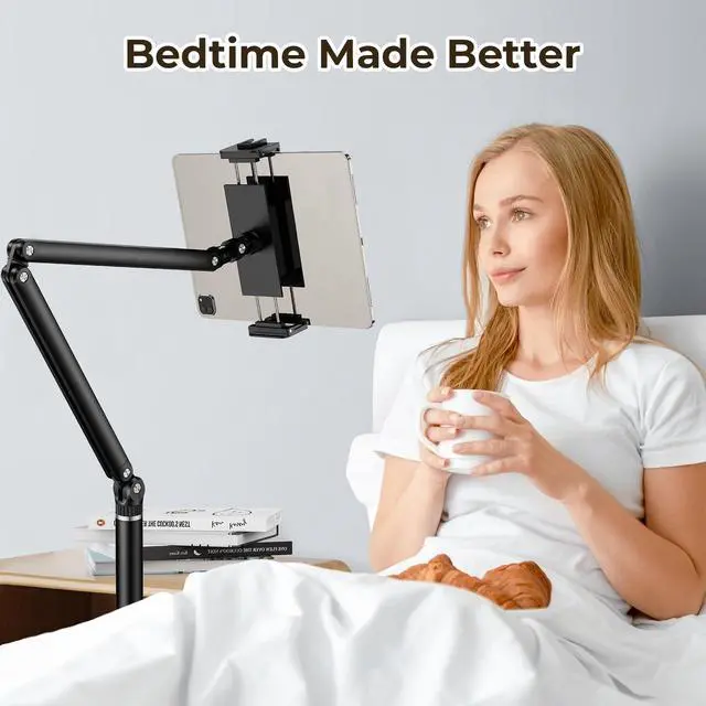 Alt view image 3 of 5 - POLESTO Tablet Floor Stand with 10.6 LB Heavy Metal Base, Adjustable Height Stretchable Arm Overhead Bed Phone Stand, Compatible with iPad mini Air Pro, Kindle, Switch, Galaxy Tab, Cell Phones