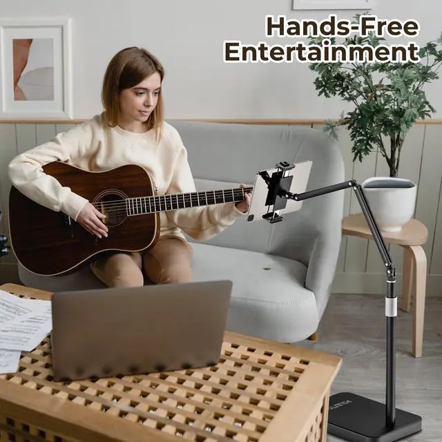 Alt view image 2 of 5 - POLESTO Tablet Floor Stand with 10.6 LB Heavy Metal Base, Adjustable Height Stretchable Arm Overhead Bed Phone Stand, Compatible with iPad mini Air Pro, Kindle, Switch, Galaxy Tab, Cell Phones