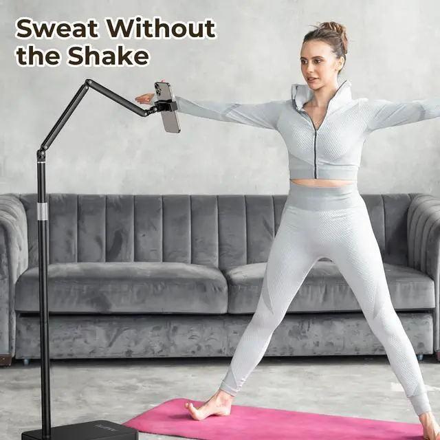 Alt view image 4 of 5 - POLESTO Tablet Floor Stand with 10.6 LB Heavy Metal Base, Adjustable Height Stretchable Arm Overhead Bed Phone Stand, Compatible with iPad mini Air Pro, Kindle, Switch, Galaxy Tab, Cell Phones