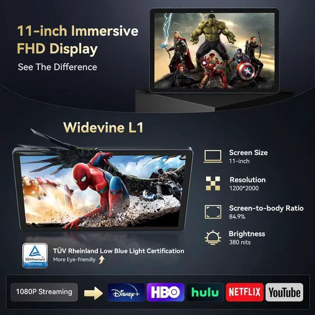 Alt view image 4 of 5 - Tablet, Android 15 Tablet-11 Inch FHD Display, 24GB RAM 256GB ROM /2TB TF, T615 Octa-Core AI Tablets, 8000mAh/18W Fast Charge,16MP Camera, TÜV Certified Netflix HD,5G Wifi GPS, OTG, Office, Gaming