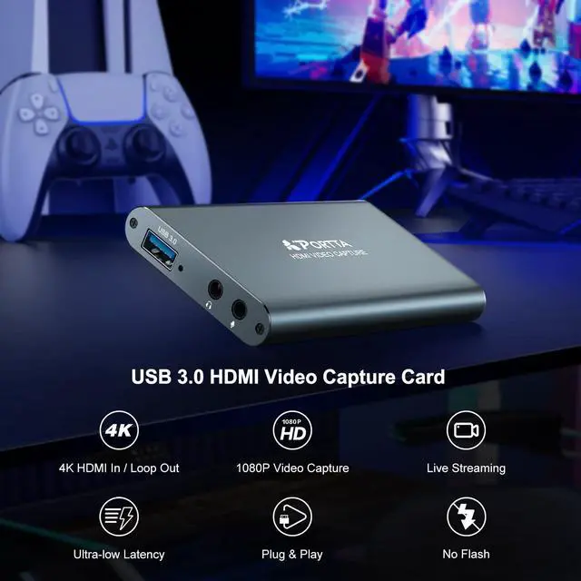 Alt view image 2 of 5 - PORTTA HDMI Video Capture Card, Stream and Record in 1080P60 with Ultra-Low Latency, 4K HDMI in/Loop Out, USB 3.0 to PC Compatible with Camcorder/PS4/PS5/Xbox/Nintendo Switch 2/OBS, Navy Gray